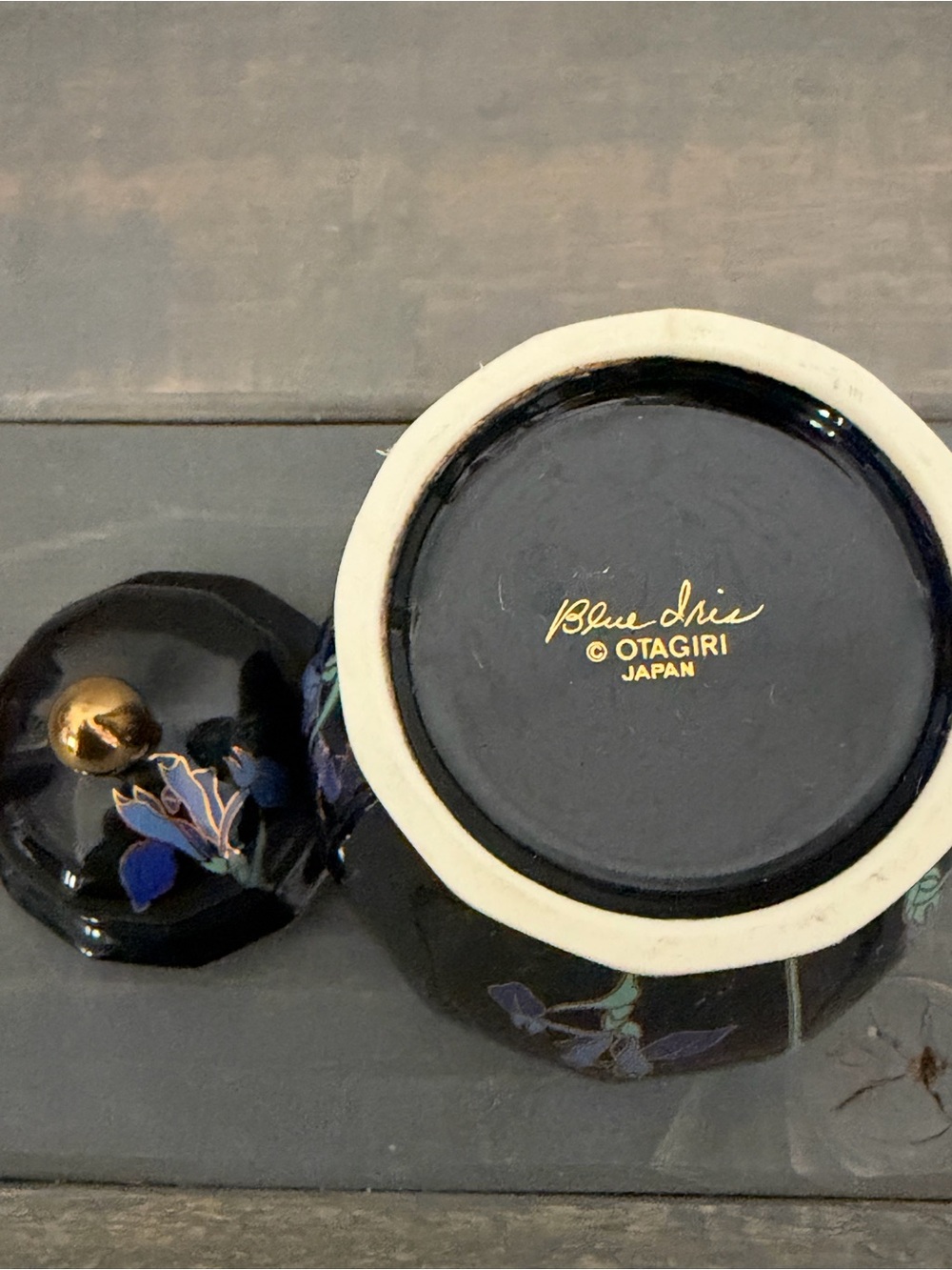 Vintage Otagiri Japan Blue Iris Ginger Jar & Trinket Box Set Black Floral - Picture 8 of 16